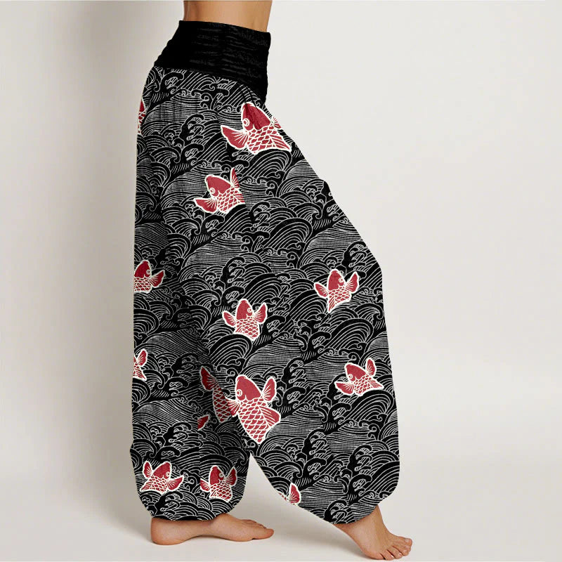 Buddha Stones Print Koi Fishes Waves Pattern Women's Elastic Waist Harem Pure Cotton Pants