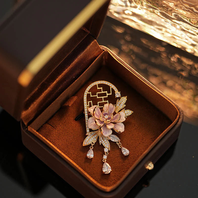 Buddha Stones Chinese-style Window Purple Peony Flower Tassel Copper Brooch