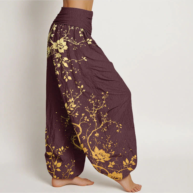 Buddha Stones Cotton Casual Dragon Flower Leaf Pattern Women's Elastic Waist Harem Pants