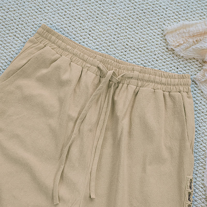 Buddha Stones Summer Plain Color Splicing Design Cotton Linen Women's Pants With Pockets