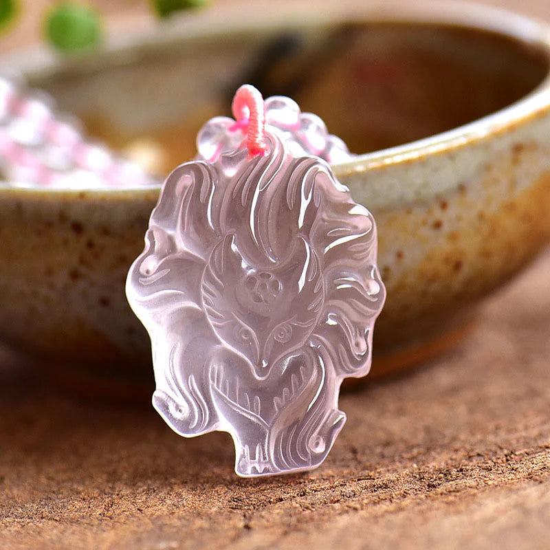 Buddha Stones Natural Pink Crystal Nine Tailed Fox Love Necklace Pendant (Extra 30% Off | USE CODE: FS30)