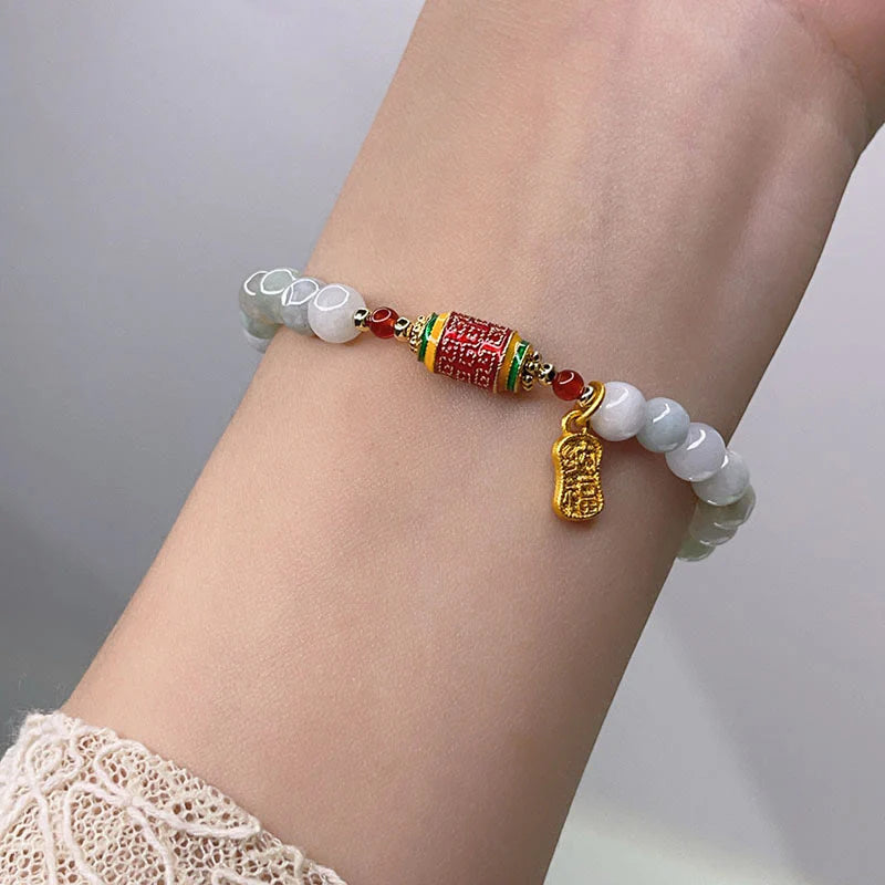 Buddha Stones Tibetan Natural Jade Fu Character Prayer Wheel Prosperity Abundance Bracelet