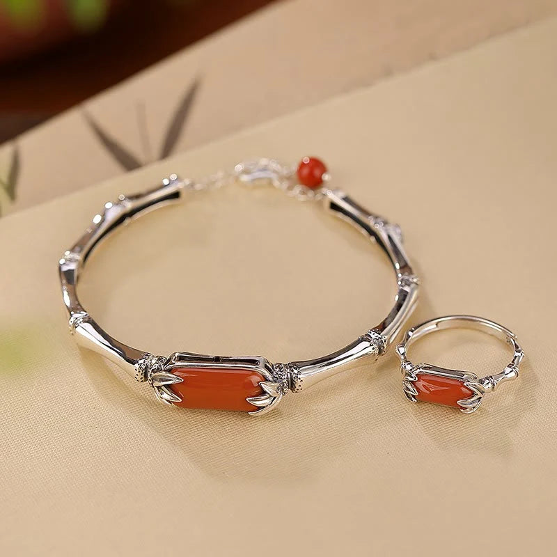 Buddha Stones 925 Sterling Silver Red Agate Bamboo Pattern Calm Bracelet Ring Jewelry Set (Extra 30% Off | USE CODE: FS30)