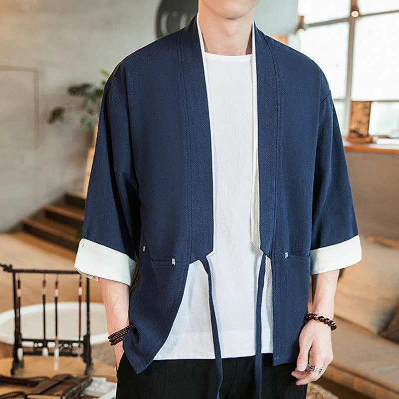 Buddha Stones Lace-Up Design Jacket Cotton Linen Men's Three Quarter Sleeve Kimono With Pockets