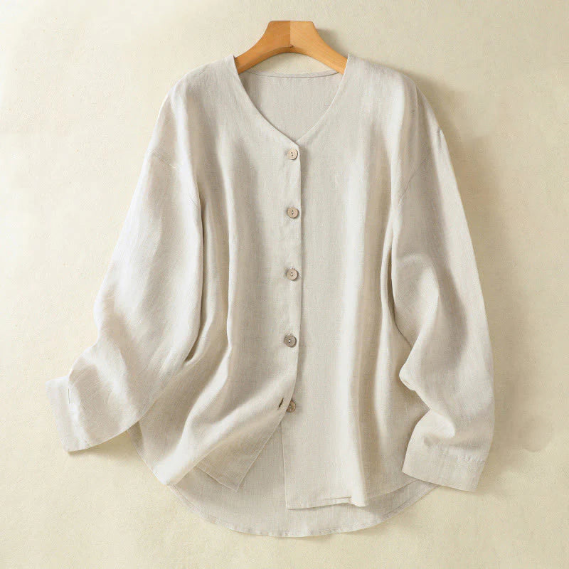 Buddha Stones Spring Plain Buttons Design V-Neck Long Sleeve Women's Cotton Linen Shirt