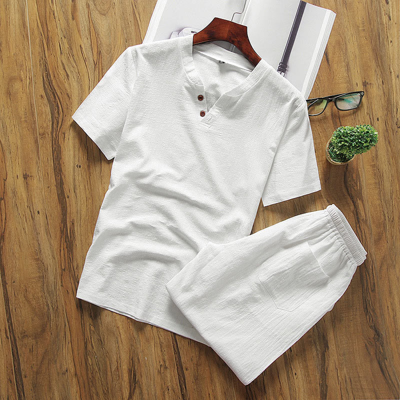Buddha Stones Casual 2Pcs Plain Sleeve T-Shirt Shorts With Pockets Cotton Linen Men's Meditation Cloth Set