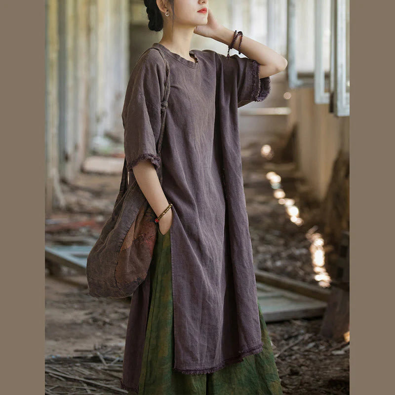 Buddha Stones Mid Length Dress Ramie Linen Half Sleeve Split Hem Top T-Shirt