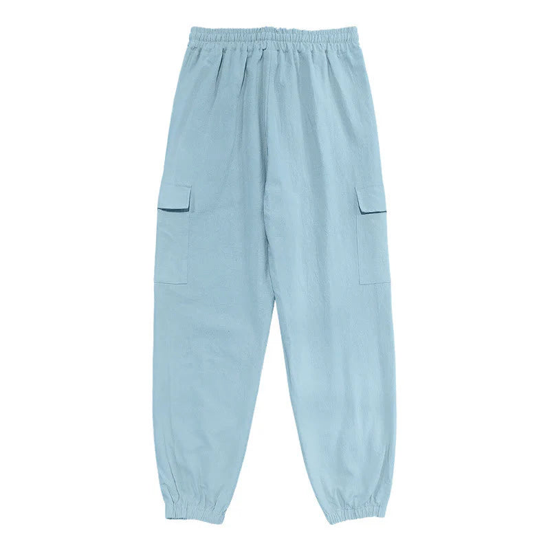 Buddha Stones Solid Color Linen Drawstring Men's Cargo Pants With Pockets