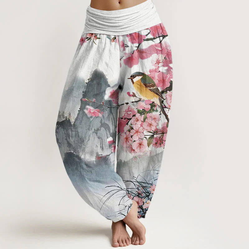 Buddha Stones Cotton Bird Cherry Blossom Mountains Pattern Women's Elastic Waist Harem Pants