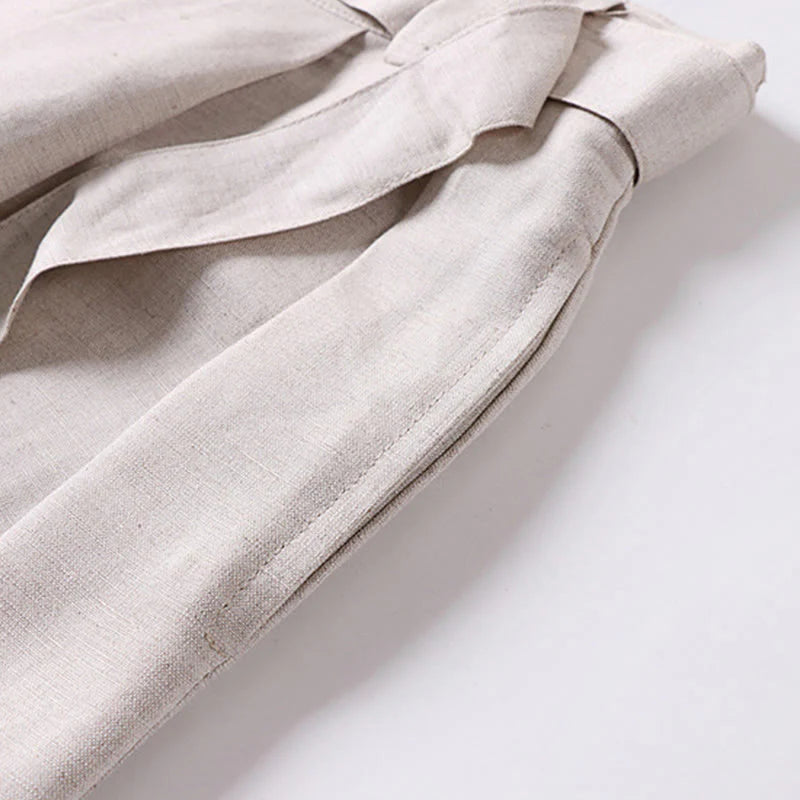 Buddha Stones Summer Zipper Elastic Waist Design Men's Cotton Linen Wide Leg Pants With Pockets