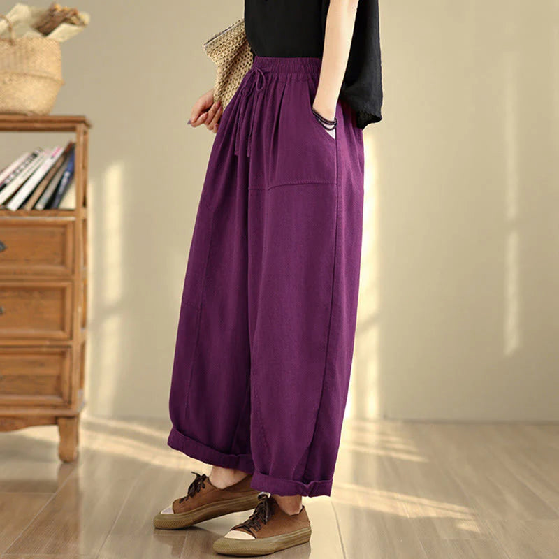 Buddha Stones Women's Fall Plain Color Drawstring Cotton Linen 7-8 Length Pants With Pockets