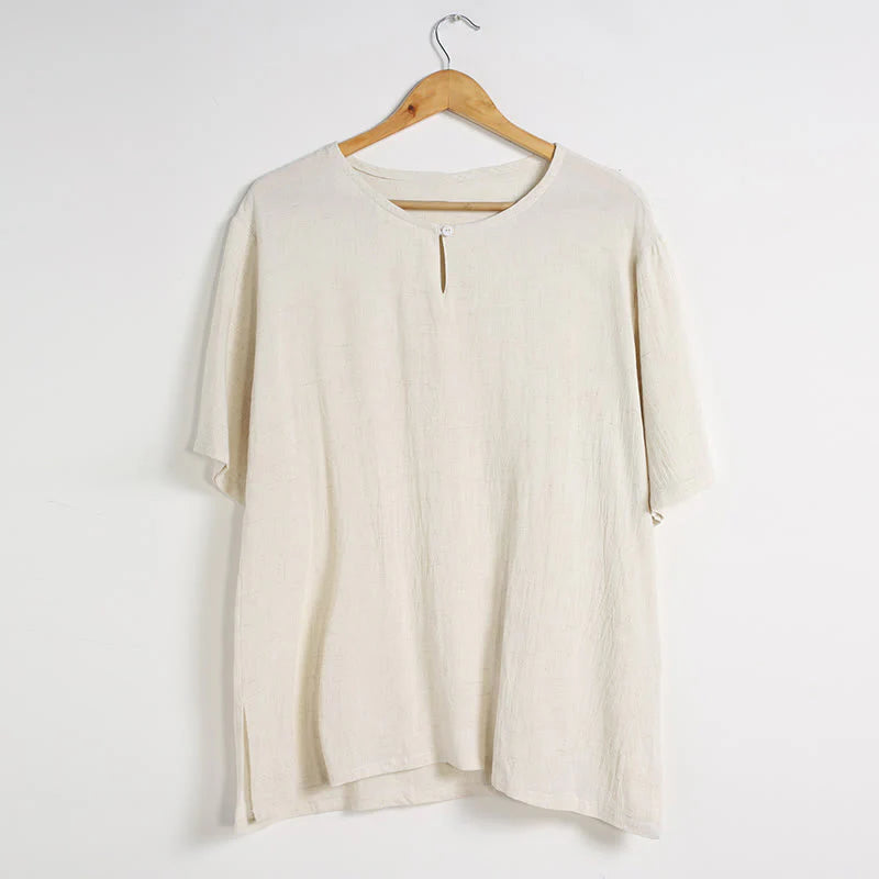 Buddha Stones Men's Solid Color Round Neck Short Sleeve CottonÂ Linen Shirt
