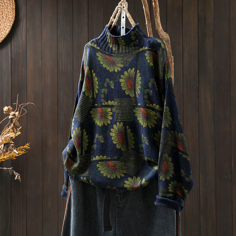Buddha Stones Sunflower Pattern Mock Neck Long Sleeve Women's Cotton Sweater
