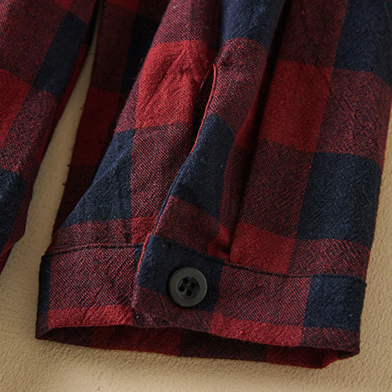 Buddha Stones Contrast Color Plaid Buttons Design Long Sleeve Midi Dress With Pockets