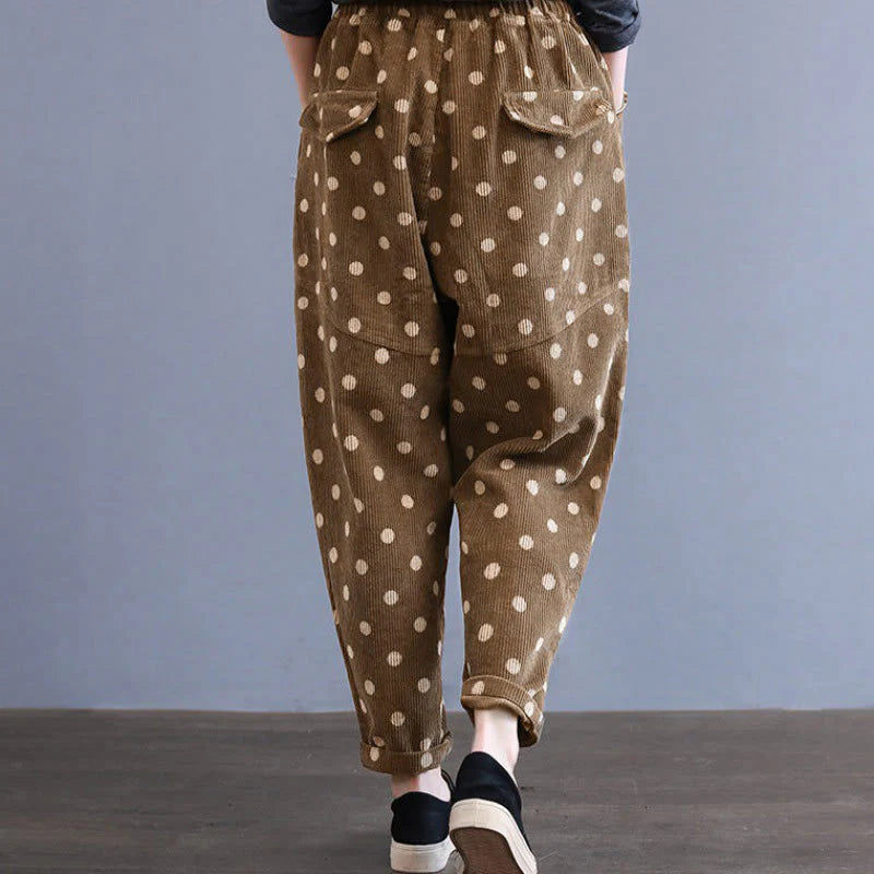 Buddha Stones Women's Fall Commute Printing Dot Pattern Corduroy Harem Pants With Pockets