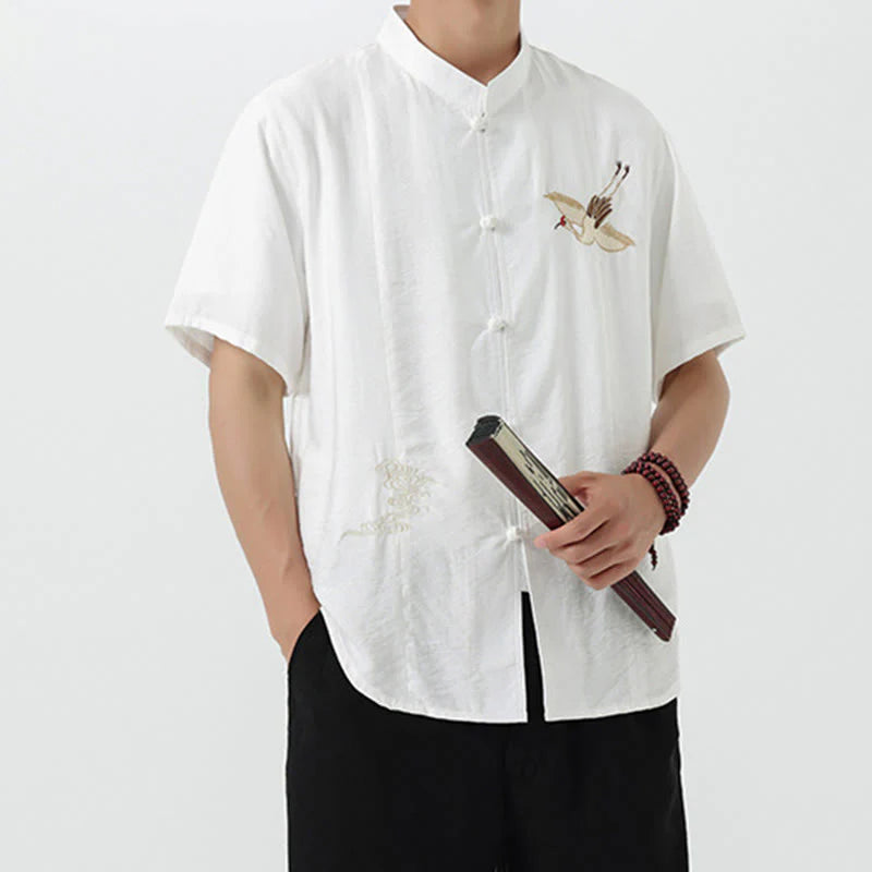 Buddha Stones Embroidery Buttons Half Sleeve Design Stand Collar Men's Cotton Shirt