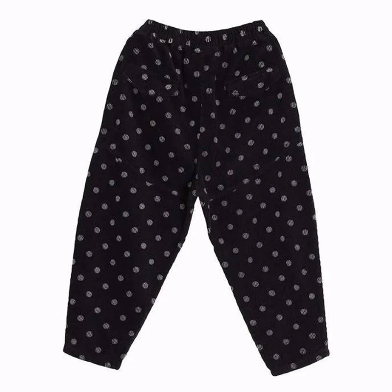 Buddha Stones Women's Fall Commute Printing Dot Pattern Corduroy Harem Pants With Pockets