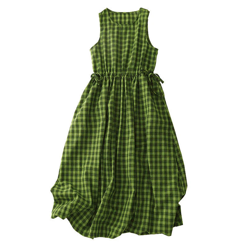 Buddha Stones Sleeveless Plaid Summer Midi Dress With Pockets