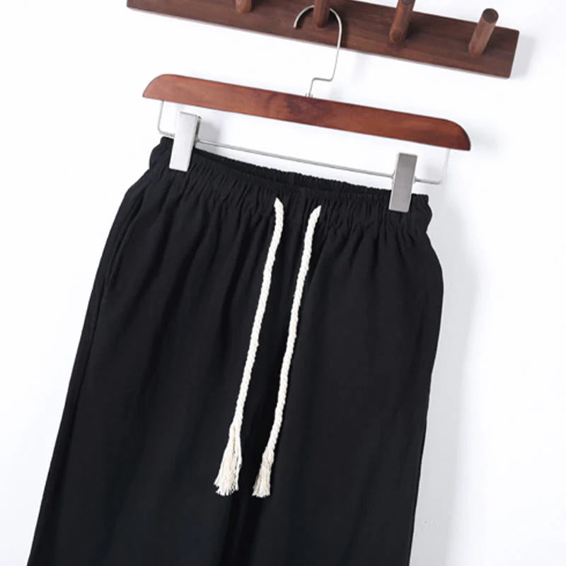 Buddha Stones 2Pcs Solid Color Men's Frog-Button Long Sleeve Cotton Shirt Pants Set With Pockets