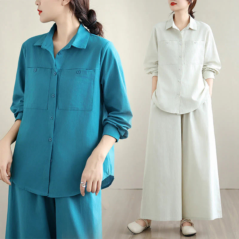 Buddha Stones 2Pcs Fall Solid Color Cotton Buttons Down Long Sleeve Shirt Ankle-Length Wide Leg Pants Women's Set With Pockets