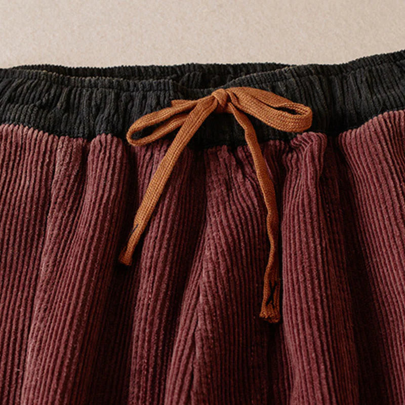 Buddha Stones Color Contrast Corduroy Cotton Women's Thermal Fleece-Lined Harem Pants With Pockets
