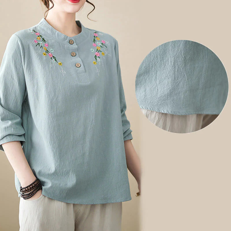 Buddha Stones Women's Spring Embroidered Flower Pattern Stand Collar Long Sleeve Cotton Shirt