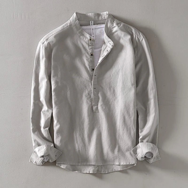 Buddha Stones Solid Color Long Sleeve Half Button Shirt Cotton Linen Men Clothing