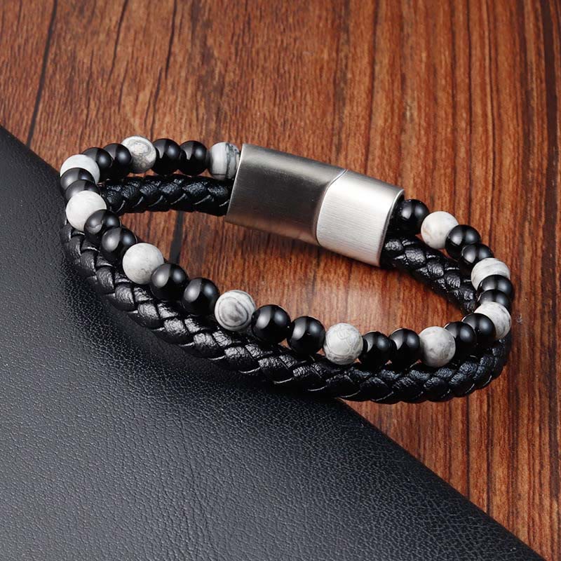 Buddha Stones Black Onyx Grey Jasper Titanium Steel Stability Leather Bracelet