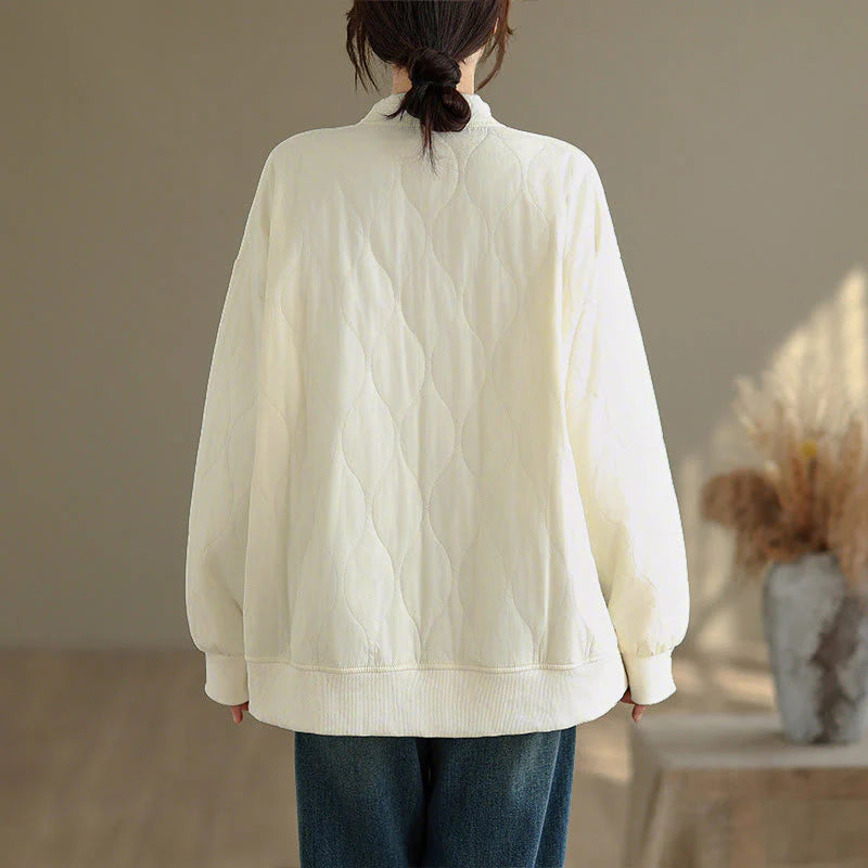 Buddha Stones Fall Solid Curved design Crew Neck Long Sleeve Women's Cotton Sweatshirt With Pockets
