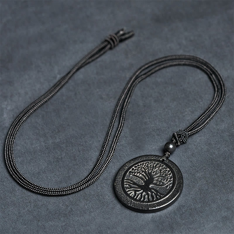 Buddha Stones The Tree of Life Carving Pattern Authentic Shungite Stone Protection Necklace Pendant