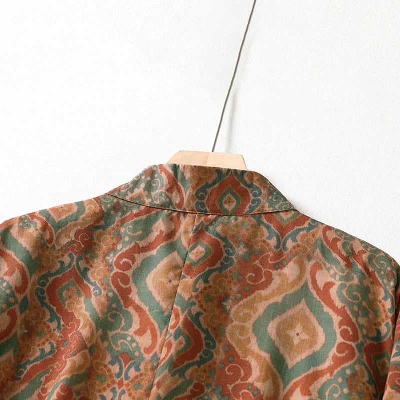 Buddha Stones Printing Chinese Frog-Button Long Sleeve Stand Collar Women's Shirt With Pockets