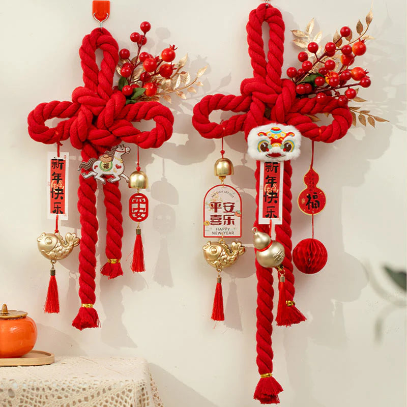 Buddha Stones Year of the Horse Dancing Lion Fu Character Chinese Knotting Fortune Decoration