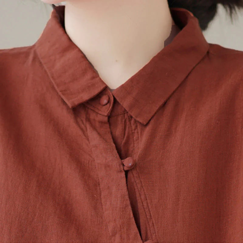 Buddha Stones Lapel Frog-Button Diagonal Placket Design Three Quarter Sleeve Women's Cotton Shirt