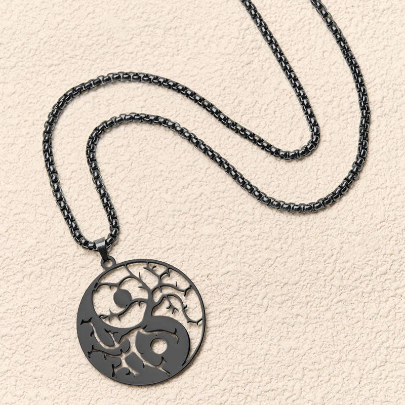 Buddha Stones Branches Hollow Yin Yang Design Stainless Steel Balance Necklace Pendant