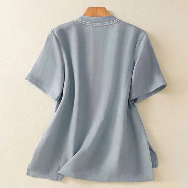 Buddha Stones Summer Stand Collar Short Sleeve Plain Women's  Frog-Button Cotton Shirt With Pocket
