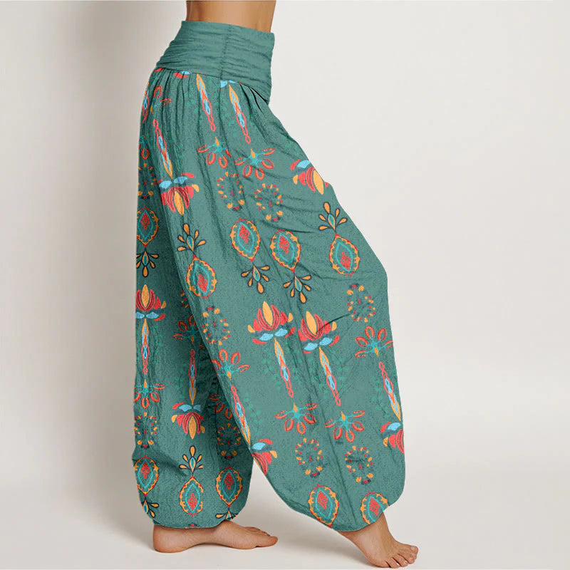 Buddha Stones Pure Cotton Colorful Lotus Flowers Green Leaves Geometric Women's Elastic Waist Harem Pants