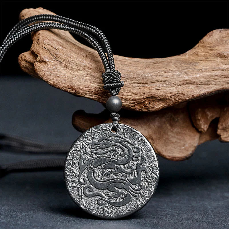 Buddha Stones Carved Dragon Pattern Authentic Shungite Stone Inner Strength Necklace Pendant