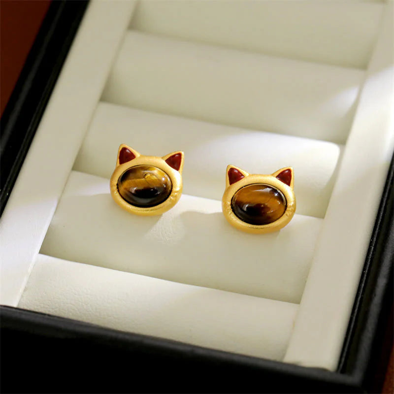 FREE Today: Protection and Courage Turquoise Tiger Eye Cat Head Design Copper Stud Earrings