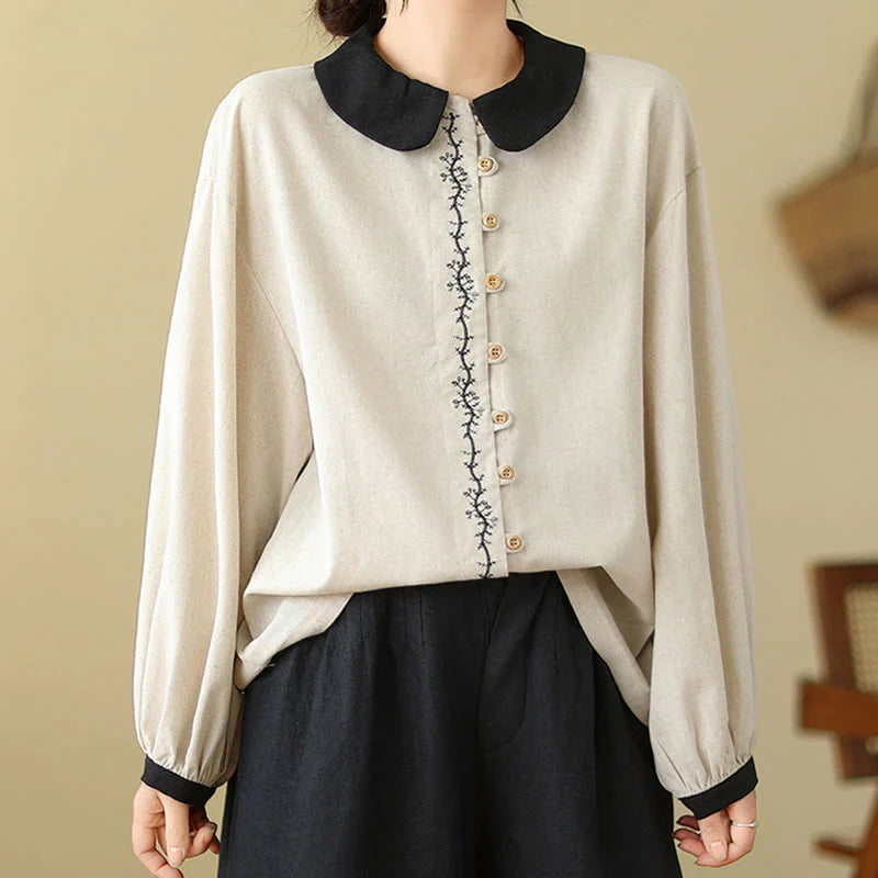Buddha Stones Spring Embroidery Buttons Design Women's Cotton Peter Pan Collar Long Sleeve Shirt