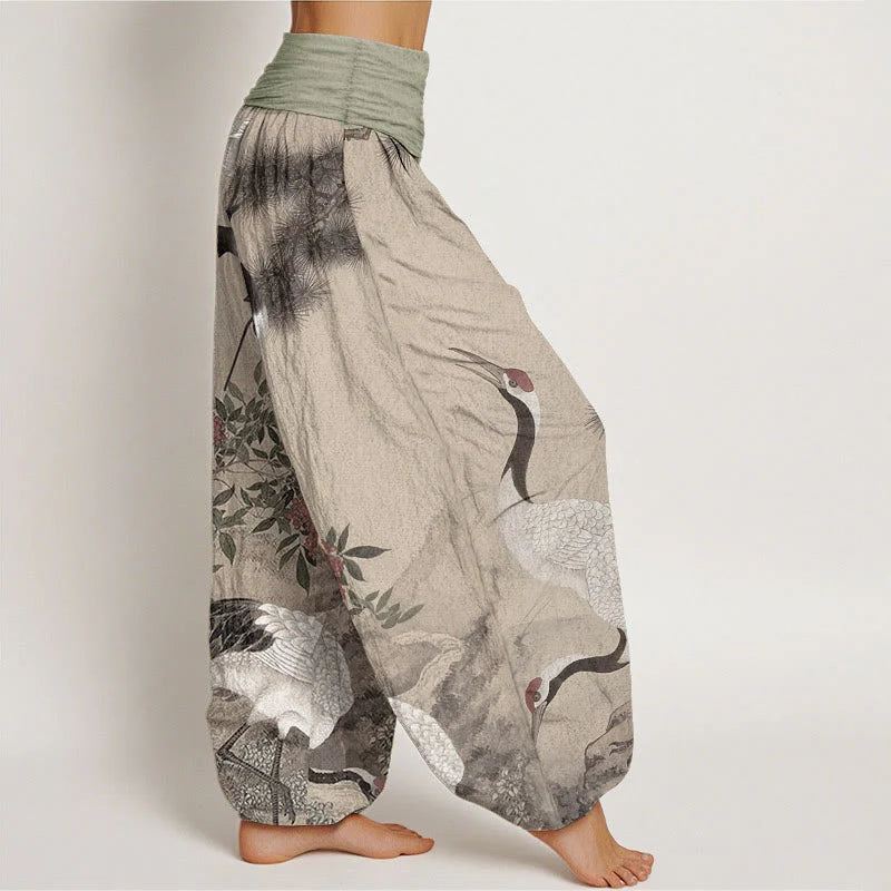Buddha Stones Cotton Casual Red-crowned Crane Pine Tree Mountain Women's Elastic Waist Harem Pants