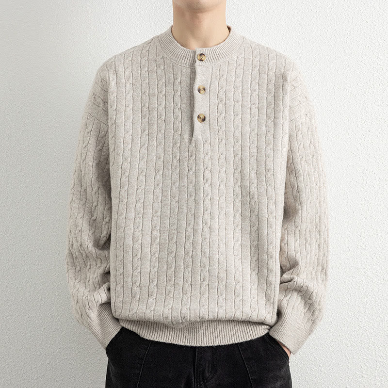 Buddha Stones Winter Crew Neck Three Buttons Twisted Design Warm Men's Long Sleeve Knitted Sweater