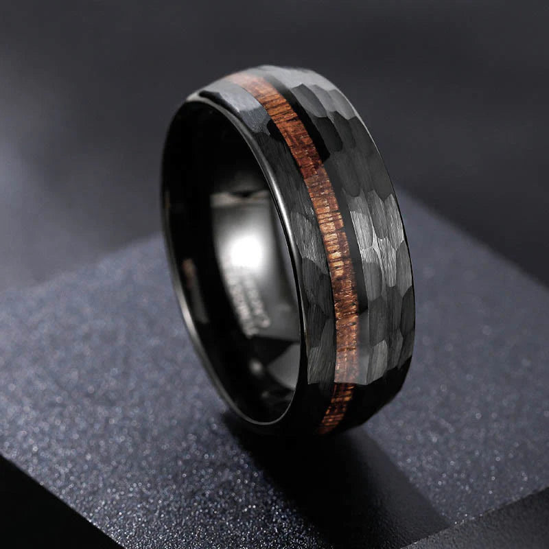 Buddha Stones Hammered Texture Inlay Tungsten Steel Endurance Ring