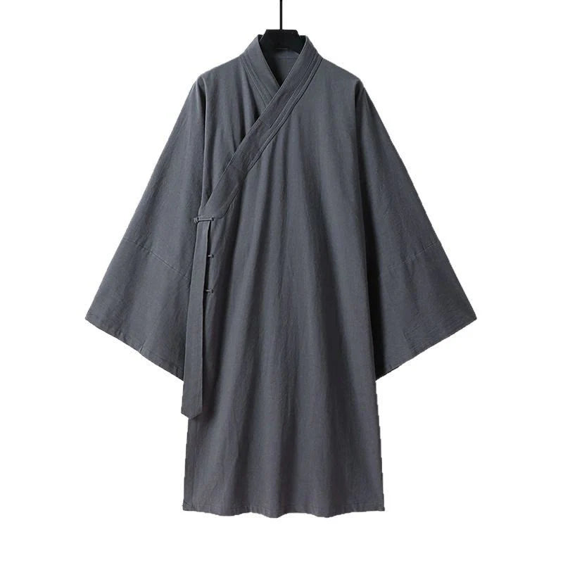 Buddha Stones 2Pcs Fall Solid Long Sleeve Men's Taoist Long Robe Lace-up Kimono Sleeveless Vest Qigong Ceremony Suit