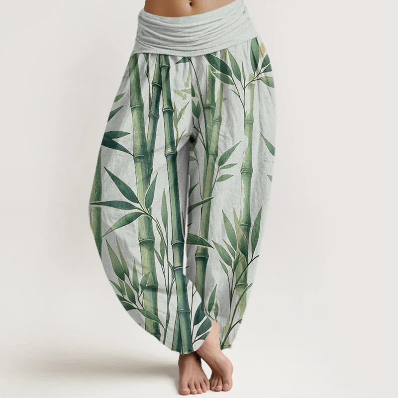 Buddha Stones Cotton Casual Bamboo Leaves Pattern Women's Elastic Waist Harem Pants