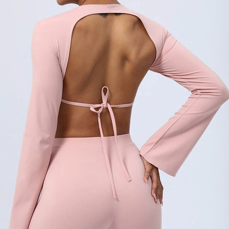 Buddha Stones Long Sleeve Backless Strap Top Bra Flare Pants Fitness Yoga Outfit