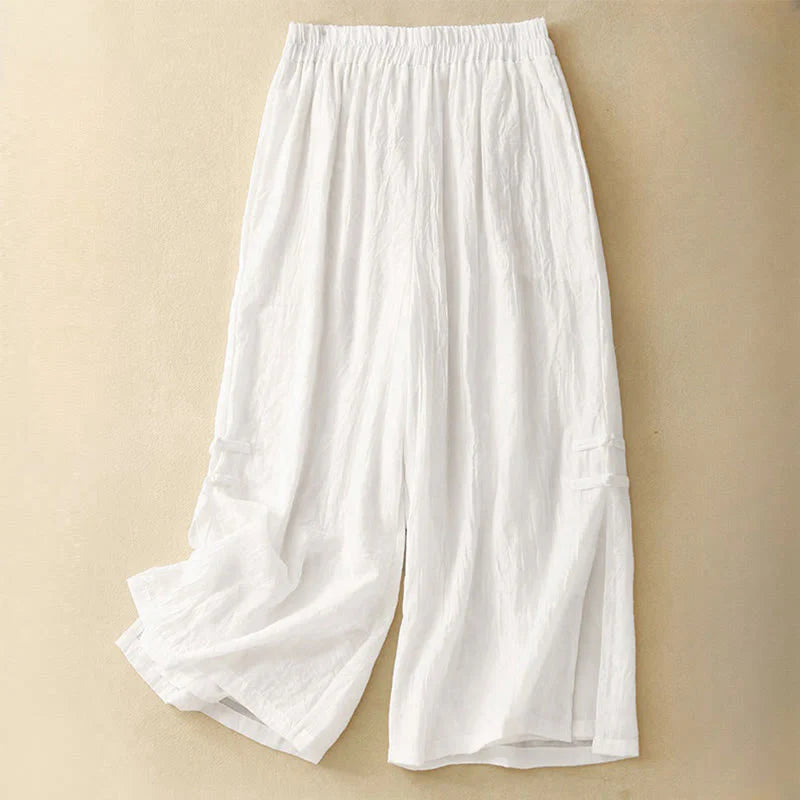 Buddha Stones Casual Plain Color Chinese Frog Button Cotton Linen Women's Wide Leg Pants