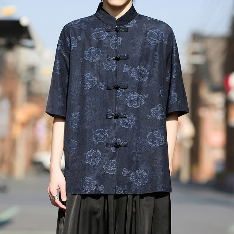 Buddha Stones Retro Frog Buttons Mandarin Collar Floral Jacquard Men's Short Sleeve Shirt