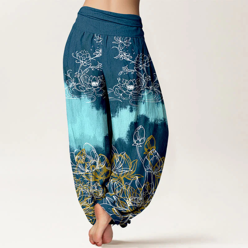 Buddha Stones Cotton Colorful Lotus Pattern Women's Elastic Waist Harem Pants