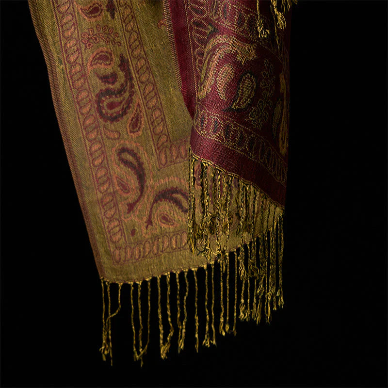 Buddha Stones Spring Maroon Cashew Flower Floral Leaf Pattern Tassel Soft Scarf Shawl