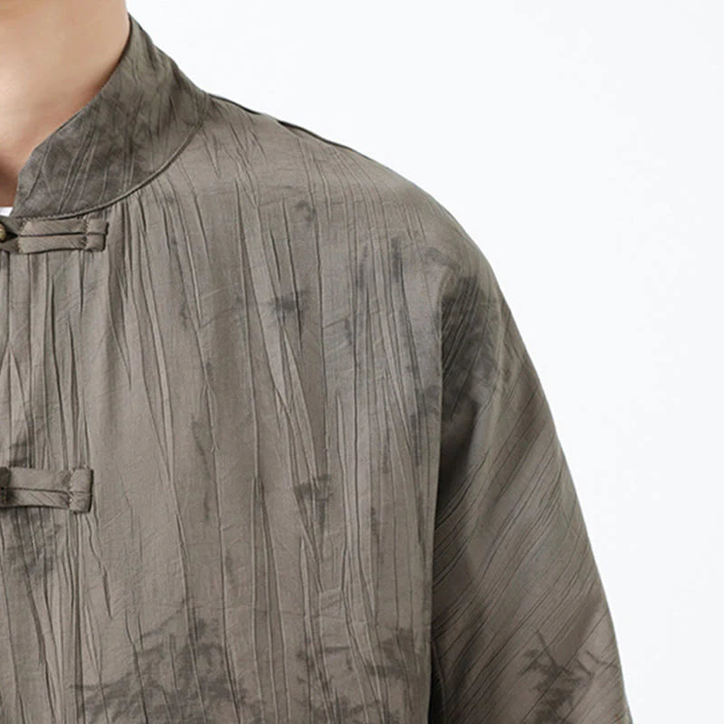 Buddha Stones Summer Pine Needles Pattern Short Sleeve Frog-Button Design Men's Shirt